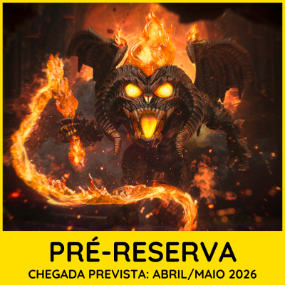 Figura colecionável de demónio com asas e chifres em cenário em chamas, texto sobre reserva e data prevista.