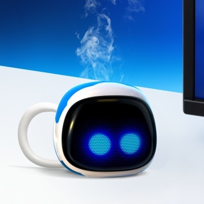 Caneca branca com ecrã digital azul e vapor
