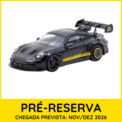 Miniatura de carro desportivo preto com detalhes em amarelo e texto GT3 RS MR