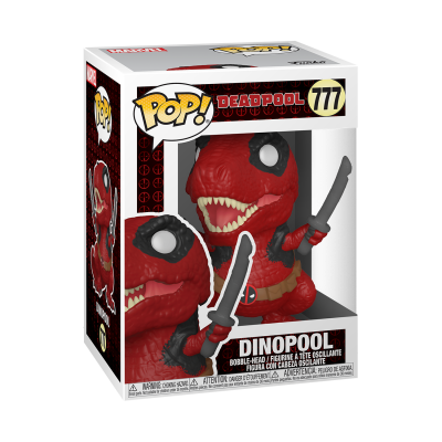 Figura Funko Pop! Dinopool número 777 numa caixa com fundo preto e vermelho
