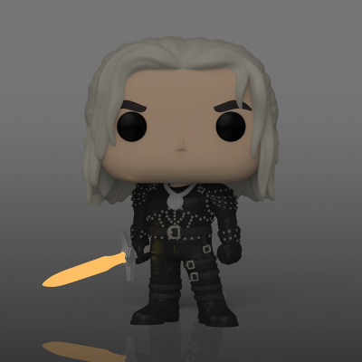 Figura Funko Pop personagem de cabelo branco com roupa preta detalhada e espada luminosa