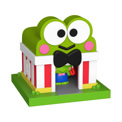 Casinha de brinquedo com tema de rã verde com laço preto e paredes listradas