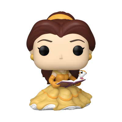 Figura Funko Pop de personagem feminina com vestido amarelo segurando livro e figura branca.