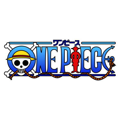 Logo colorido do anime One Piece com crânio, chapéu, texto em azul e vermelho e corda