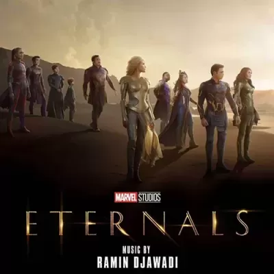 Poster do filme Eternals com personagens em trajes futuristas e texto do título e compositor