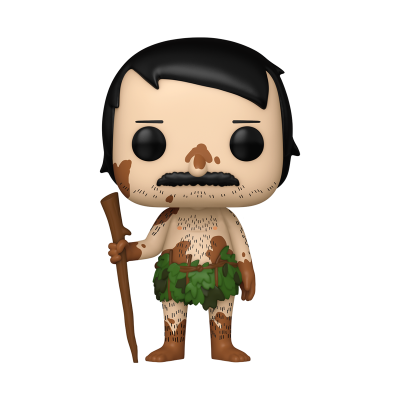 Figura Funko Pop com cabelo preto, bigode, vestido com folhas verdes e segurando um pau