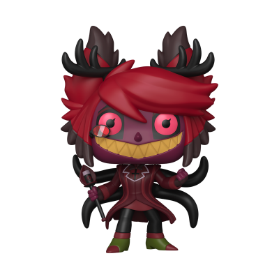 Figura colecionável com cabelo vermelho, chifres pretos e roupas vermelhas, segurando cetro