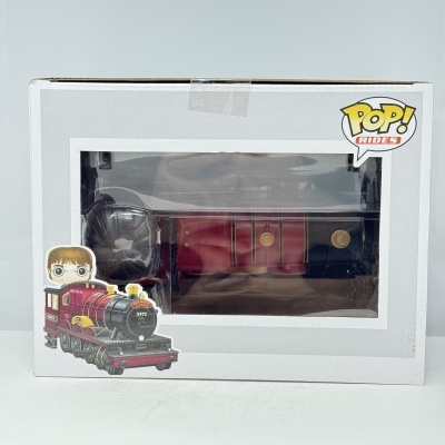 Figura POP! Rides locomotiva vermelha em caixa branca com janela transparente