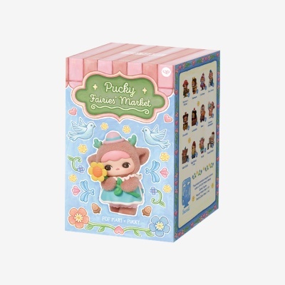 Caixa de brinquedo Pucky Fairies Market com personagem castanho e flor amarela em fundo azul decorado