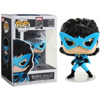Figura Funko Pop Black Widow com máscara azul e fato azul e preto na embalagem