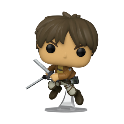 Figura Funko Pop personagem com cabelo castanho e roupa castanha e branca, segurando espadas