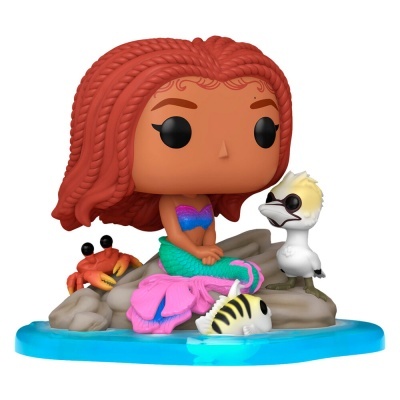 Figura Funko Pop de sereia com cabelo ruivo e amigos marinhos numa base azul