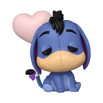 Figura Funko Pop do personagem Ió azul segurando balão cor-de-rosa em forma de coração