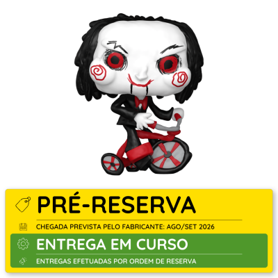 Figura estilizada Pop Funko do personagem Jigsaw numa bicicleta de três rodas vermelha e preta com rosto branco e olhos vermelhos.