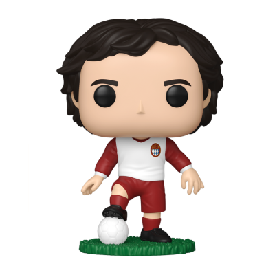 Figura de vinil de jogador de futebol com camisola branca e vermelha e bola de futebol