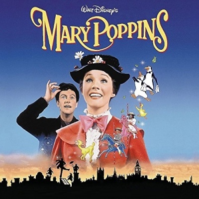 Cartaz do filme Mary Poppins com personagens principais e título em amarelo