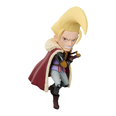 Figura colecionável de personagem com capa vermelha e espada.
