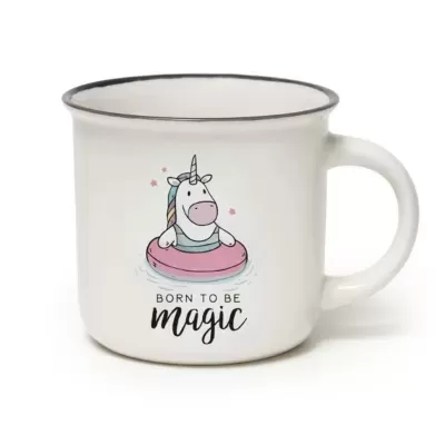 Caneca de cerâmica branca com ilustração de unicórnio e texto