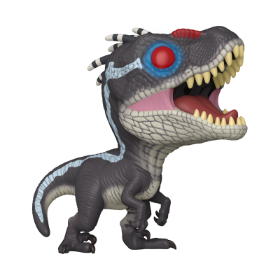 Boneco de dinossauro estilizado com olhos vermelhos e pele cinzenta com detalhes brancos