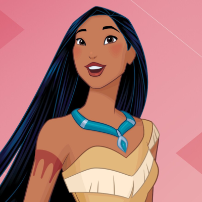 Personagem feminina animada com vestido bege e colar azul sobre fundo rosa