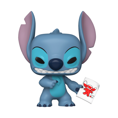 Figura Funko Pop Stitch azul segurando um desenho em papel branco.