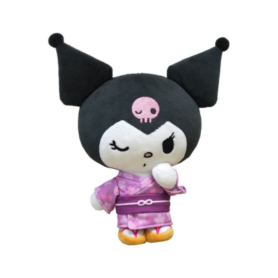 Pelúcia personagem cabeça preta com pompons, quimono roxo floral e sapatos amarelos