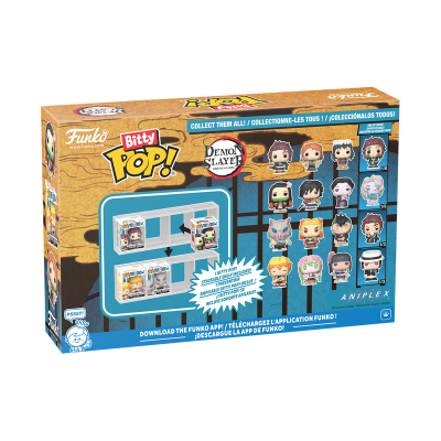 Caixa Funko Bitty Pop! Demon Slayer com personagens e instruções para prateleira empilhável