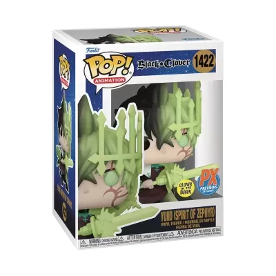 Funko Pop Yuno (Spirit of Zephyr) Blade Clover número 1422 em caixa com detalhes verdes e efeito luminescente
