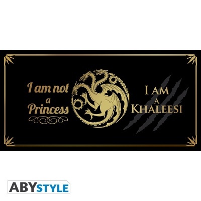 Produto preto com dragão dourado e texto 'I am not a Princess' e 'I AM A KHALEESI'