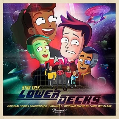 Capa da série animada Star Trek Lower Decks com personagens e fundo espacial