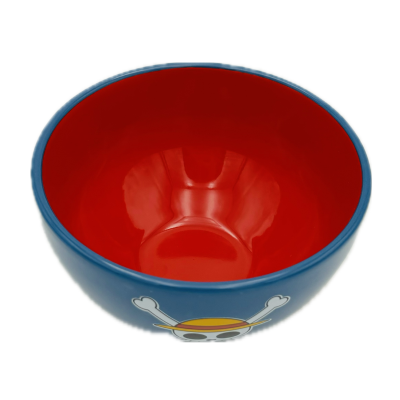 Tigela azul com interior vermelho e símbolo de caveira