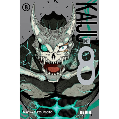 Capa do livro KAJU N.º 8 com ilustração de monstro cinzento e preto com olhos azuis, dentes e cornos
