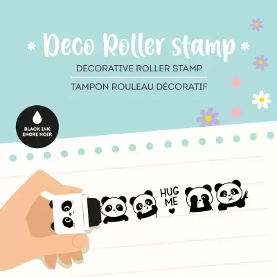 Carimbo de impressão decorativo de rolo com desenhos de pandas e texto HUG ME em fundo azul e branco.