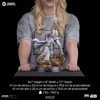 Estátua Star Wars de Luke e Leia em base rochosa com logótipo Star Wars em fundo preto.