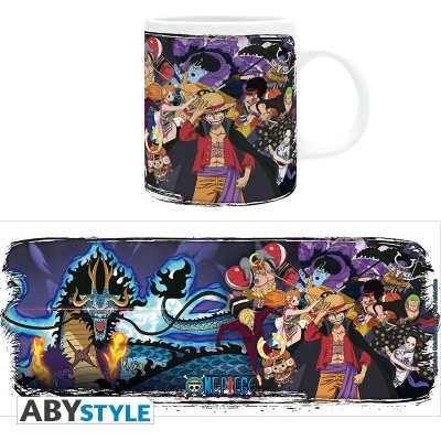Caneca branca com estampa de anime One Piece e personagens coloridos