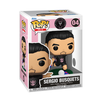 Figura Funko Pop do jogador Sergio Busquets com uniforme preto em embalagem branca e rosa