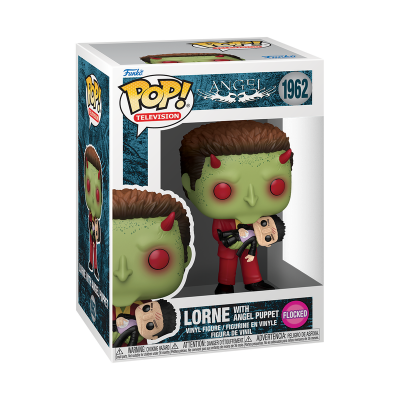 Boneco Funko Pop Lorne com marioneta da série Angel em caixa com texto e fundo azul.
