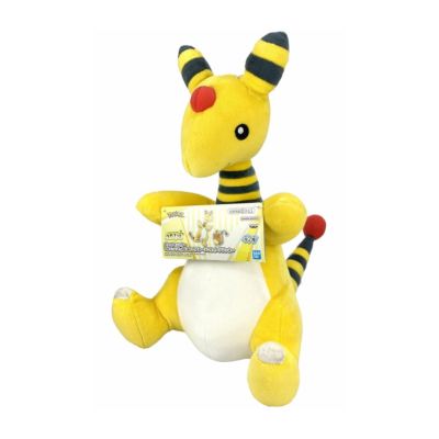 Pelúcia do Pokémon Ampharos amarelo com detalhes em preto e vermelho