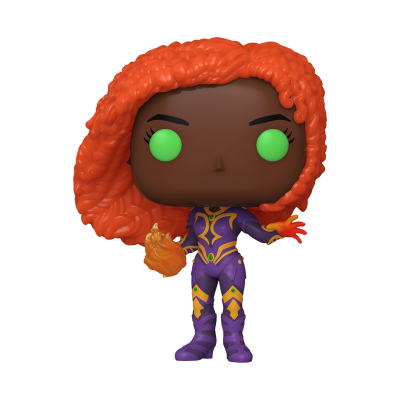 Funko Pop com cabelo encaracolado laranja, roupa roxa e efeitos de fogo