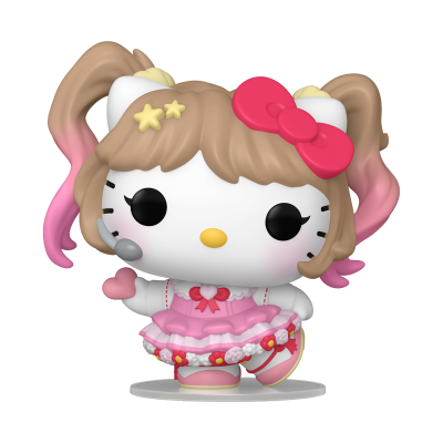 Figura colecionável Hello Kitty estilo Funko Pop com vestido rosa e laço vermelho