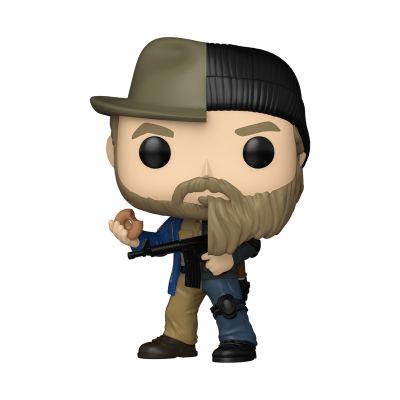 Boneco Funko Pop masculino dividido em duas metades, segurando donut e arma.