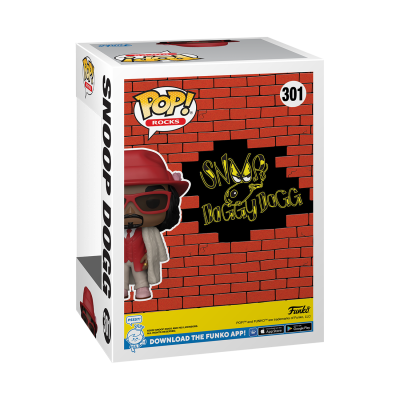 Caixa de boneco Funko Pop! Rocks do Snoop Doggy Dogg com design de tijolos vermelhos e texto em amarelo.