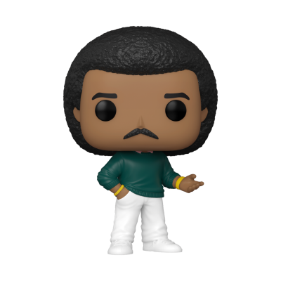 Figura de vinil estilo Funko Pop de homem com cabelo encaracolado e roupa verde e branca