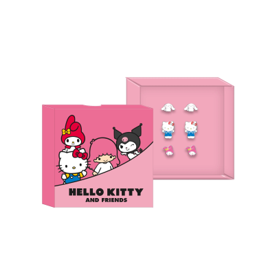 Conjunto de brincos Hello Kitty and Friends em caixa cor-de-rosa com seis pares de brincos