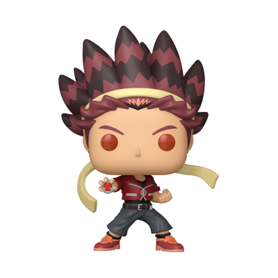 Figura vinil estilo Funko Pop com cabelo castanho e rosa, jaqueta vermelha e calças cinza