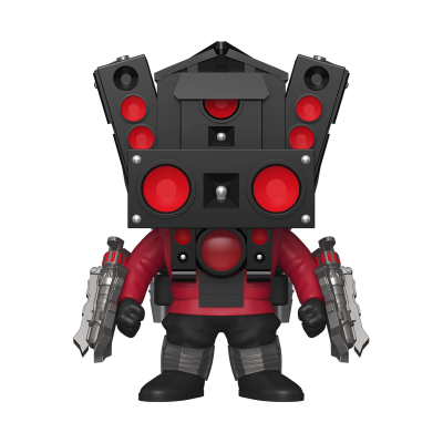 Figura de ação com caixas de som vermelhas e pretas e armas futuristas