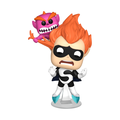 Figura de personagem com cabelo laranja e criatura roxa com chifres