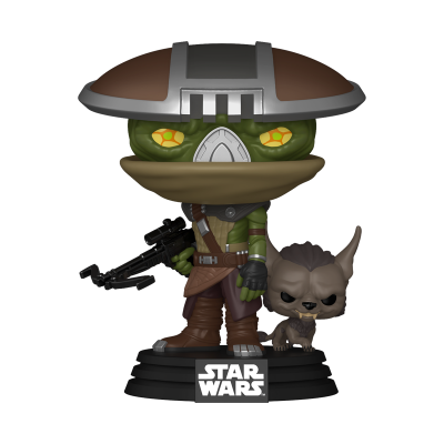 Figura Funko Pop Star Wars personagem verde com capacete castanho e prateado e pequeno animal cinzento