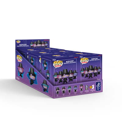 Caixa de exposição Funko Pop! Mystery K-POP Demon-Hunters com várias caixas pequenas visíveis.