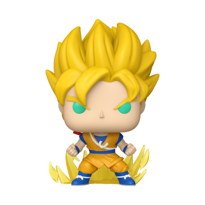 Figura Funko Pop de personagem com cabelo amarelo e roupa laranja e azul em pose de combate